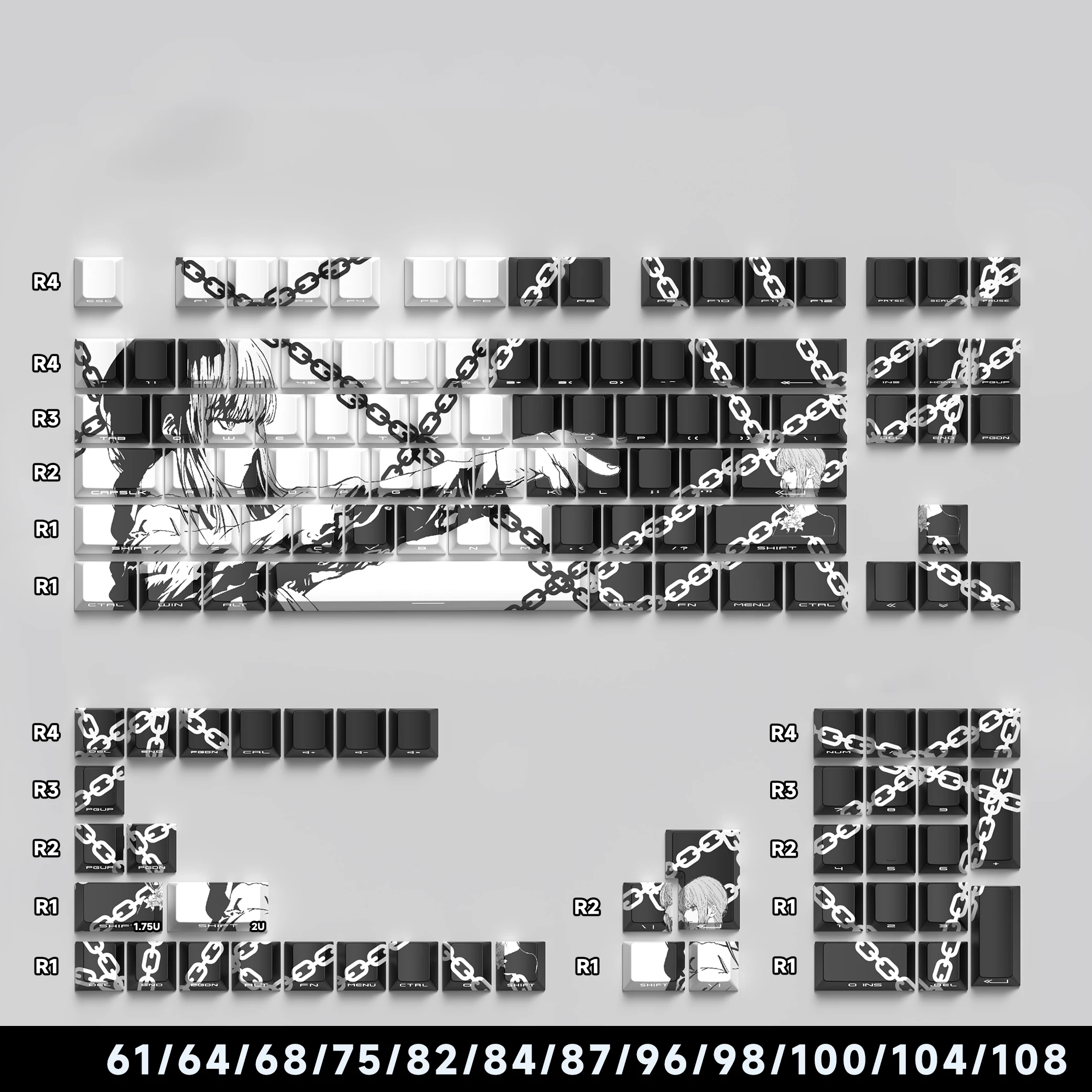 

Makima Anime Keycaps Cartoon keycaps, available in 74/129 two sets, with three colors - pink, blue and black, and original heigh