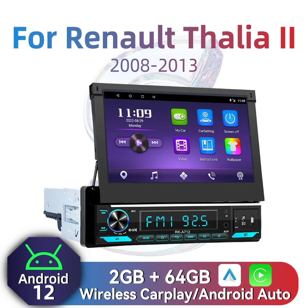 Autoradio Android avec Écran Rétractable de 7 Pouces pour Renault Thalia II (2008-2013), Unité Centrale, Carplay, 1Din