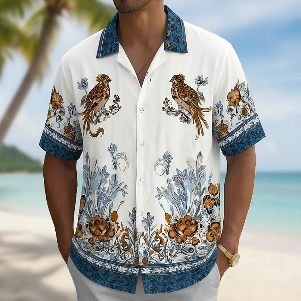 

Men's Bird Floral Print Tropical Flowers Shirt Short Sleeve Shirt 3D Print Blue Green Hawaiian Vacation Beach Wear for Summer
