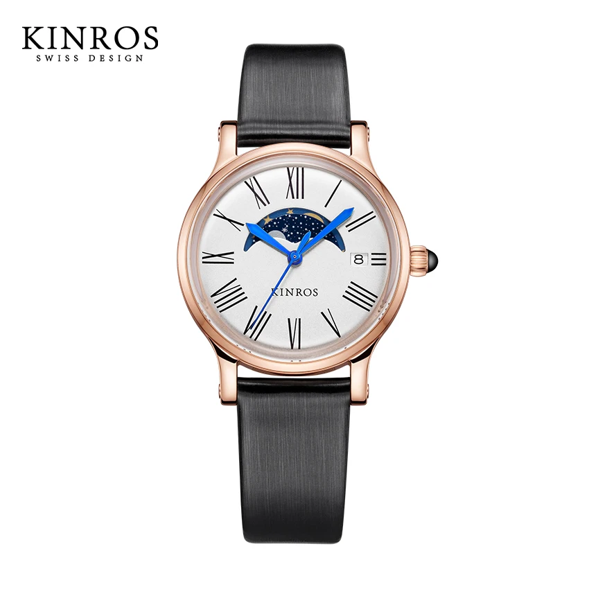 KINROS Original Luxury Swiss Movement Dome Type Mirror Quartz Waterproof Fashionable Leather Strap Moon Phase women\'s Watch