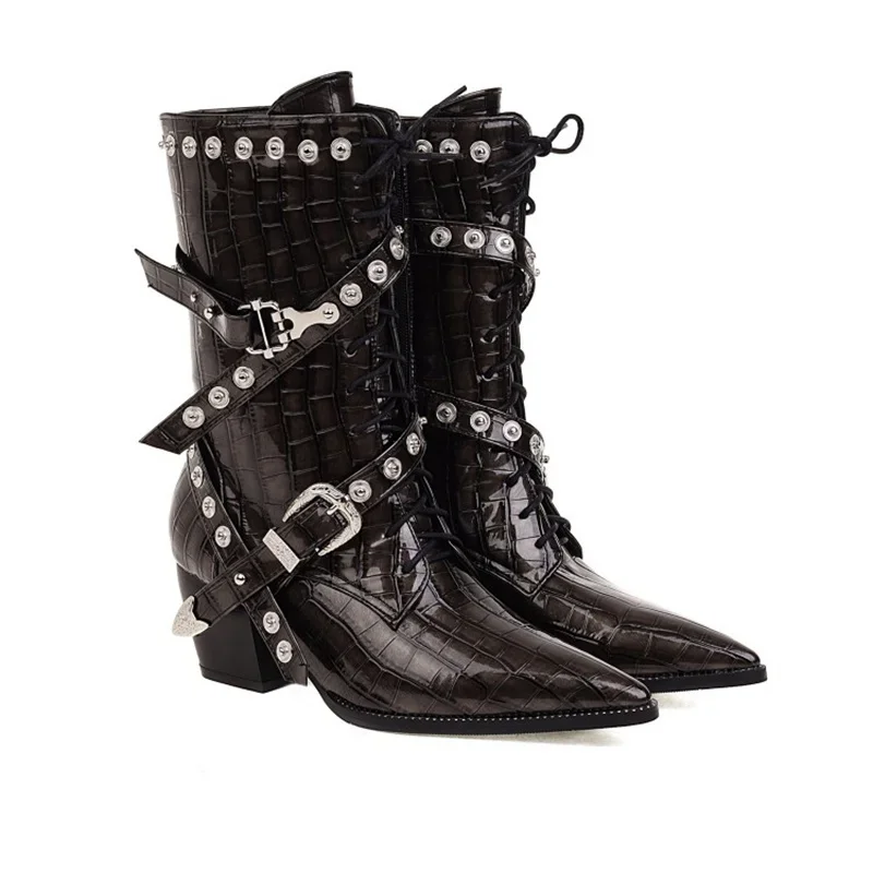 Buckle Design Rivets Boots Belt Botas Lace Up Cross Straps Pointed Toe Stone Pattern Retro Chunky Heels Punk Zapatos Mujer New