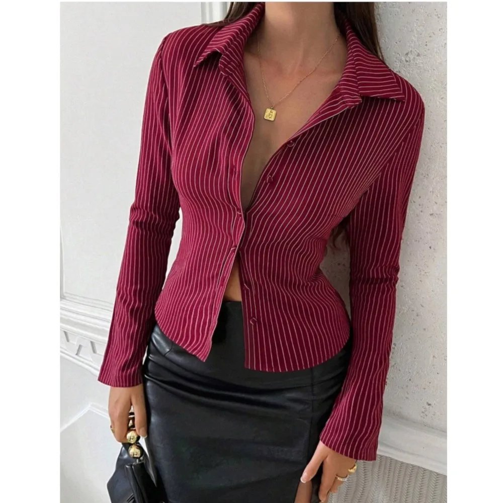 Camisa de manga larga a rayas con estampado de moda para mujer, nuevo estilo, primavera y otoño, camisa ajustada y versátil para oficina para mujer, Tops 2025