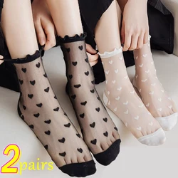 Black Heart Socks Women Girls Transparent Summer Ultrathin Silk Stocking Elastic Crystal Nylon Short Ankle Sox Ruffled Lace Sox