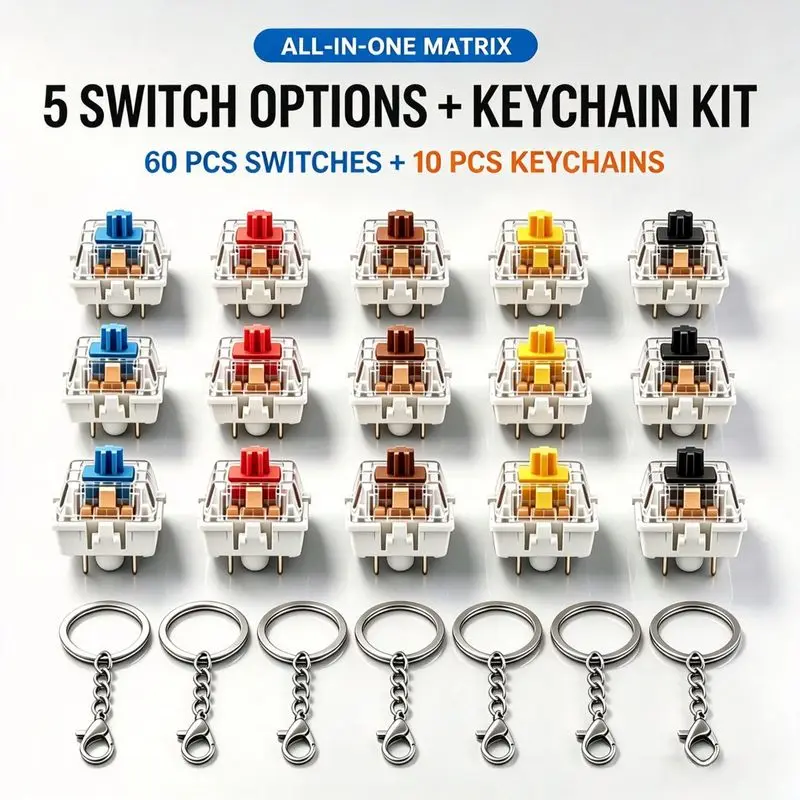 Mechanical Keyboard Switch 60Pcs with 10 Keychina chain Blue Red Black Brown Yellow with 10 Keychains for DIY Keyboard and Craft