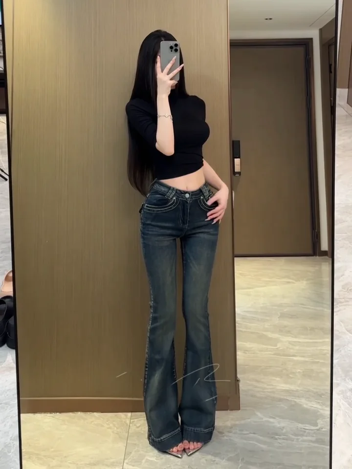 

Retro American Flared Jeans Women's Low Waist Slim Fit Cotton Stretch Denim Pants Autumn 2025 Faion plus Size Trousers