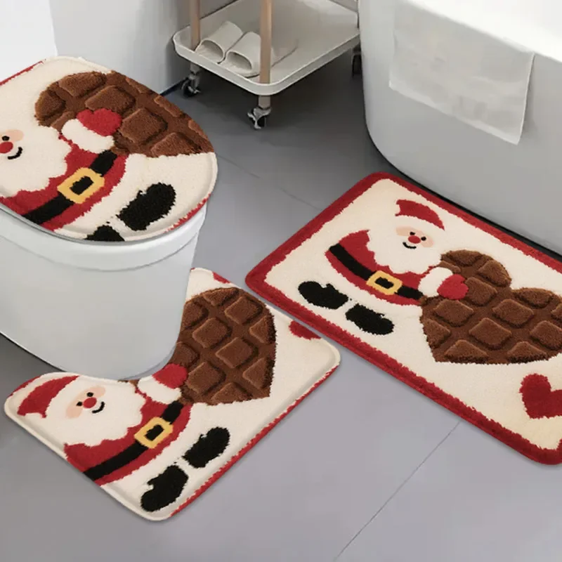 3PCS Cartoon Bath Mat Set: U-Shaped Flannel with Anti-Slip Backing for Toilet & Bathroom Floor