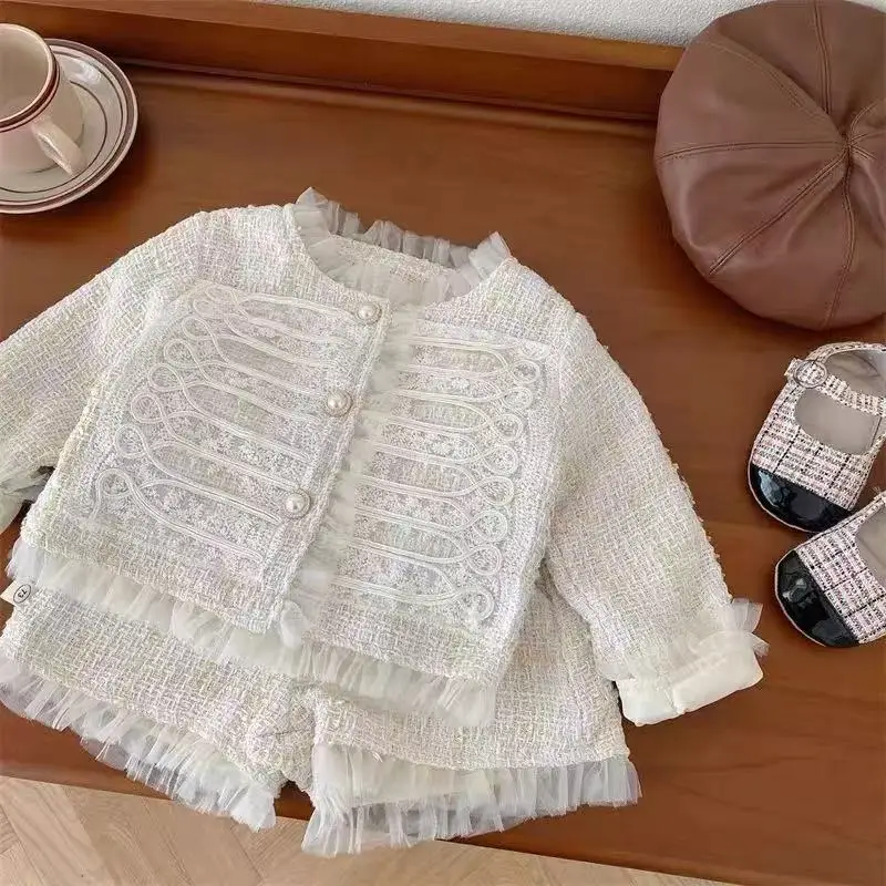 Children Clothes Sets Korea 2026 Autumn New Girls Lace Coat and Short Pants Sweet Princess Full Solid Baby Girl Clothes Set