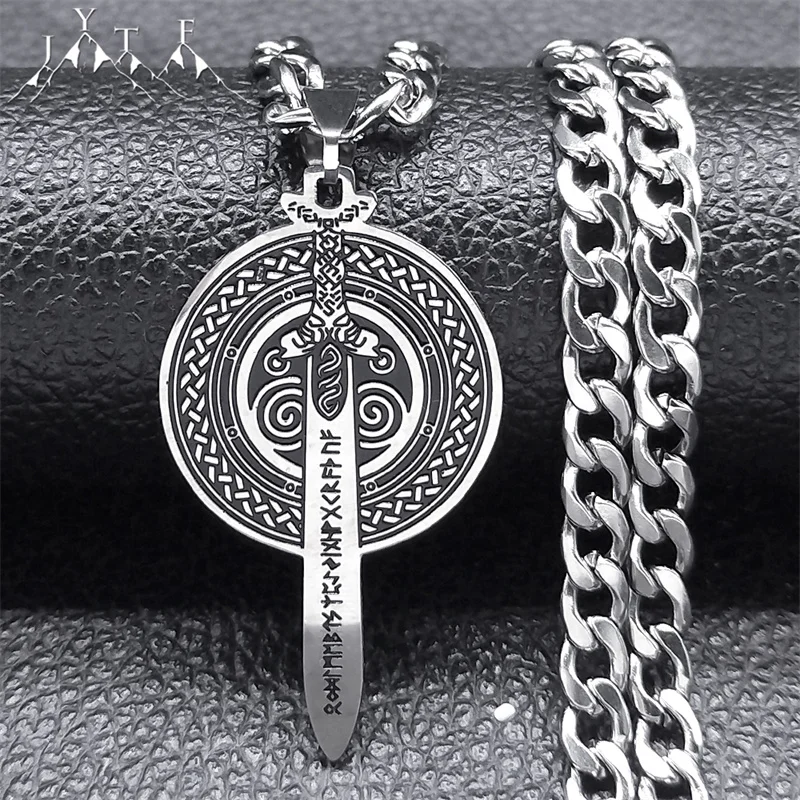 

Viking Warrior Nordic 24 Runes Sword Shield Necklace for Women Men Stainless Steel Scandinavian Long Necklaces Jewelry N7774S05