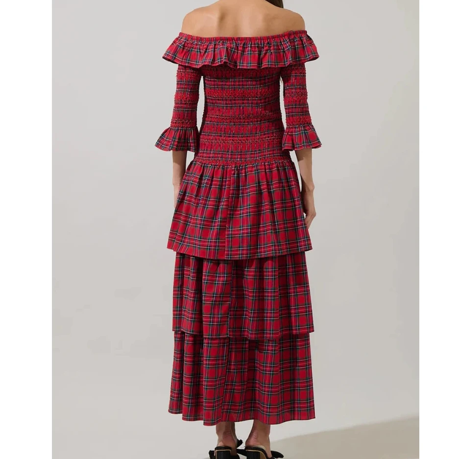 Retro Damenkleid mit Karomuster, knöchellang, lange Ärmel, schulterfrei, gerafftes Oberteil, mehrlagiges Kleid, Vintage-Stil