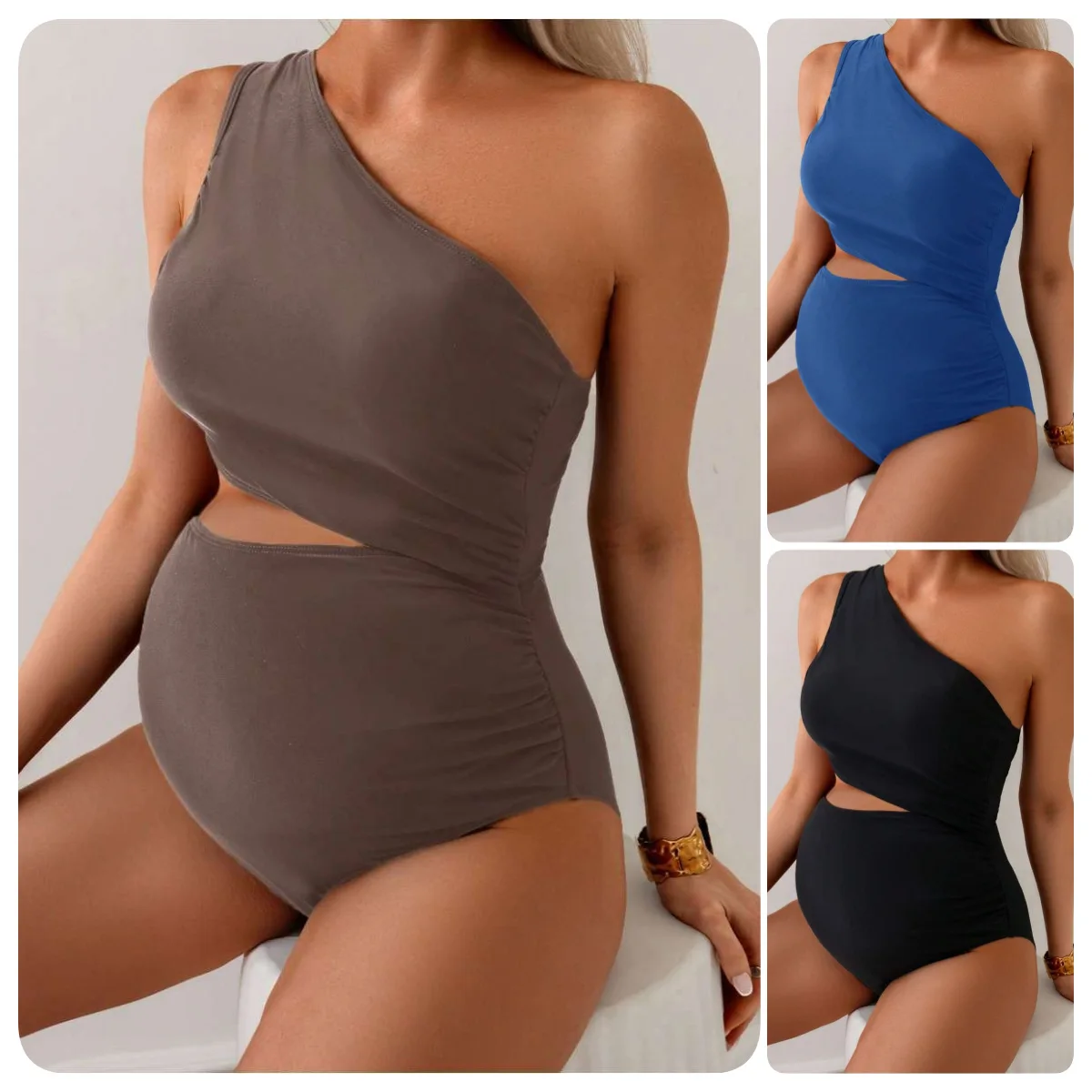 Maternity Swimsuit European and American Pregnant Women Single Shoulder Women Solid Color High Elastic One-piece Swimsuit Women
