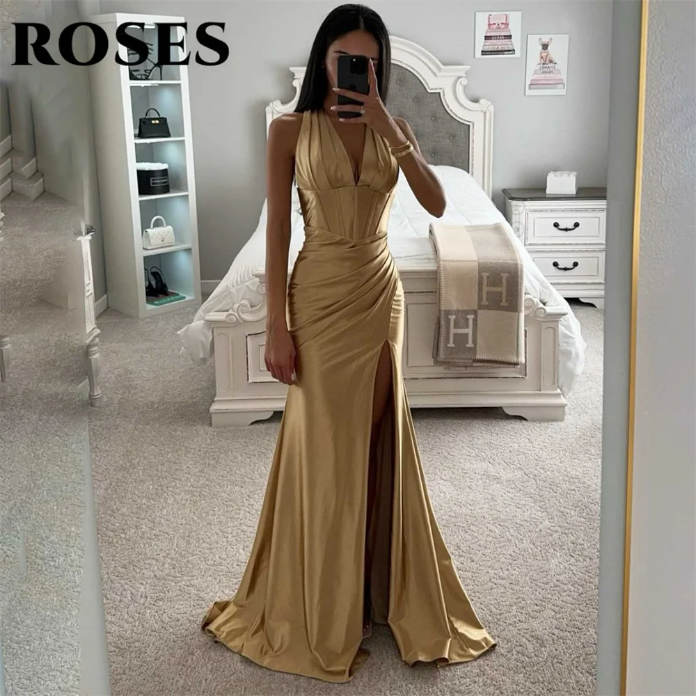 

ROSES Halter Champagne Prom Dress Stain Trumpet Celebrity Dresses Pleats Women's Evening Dresses Sleeveless Formal Gown 프롬 드레스