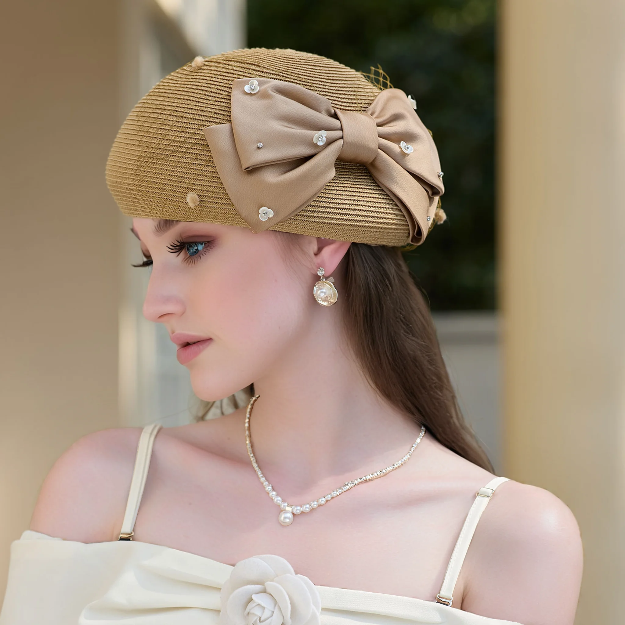 

Vacation Handwoven Sunscreen Pearl Sunshade Beach Hat Silk and linen Decoration Natural Grass 100% linen Straw Hat Bow Sun Visor