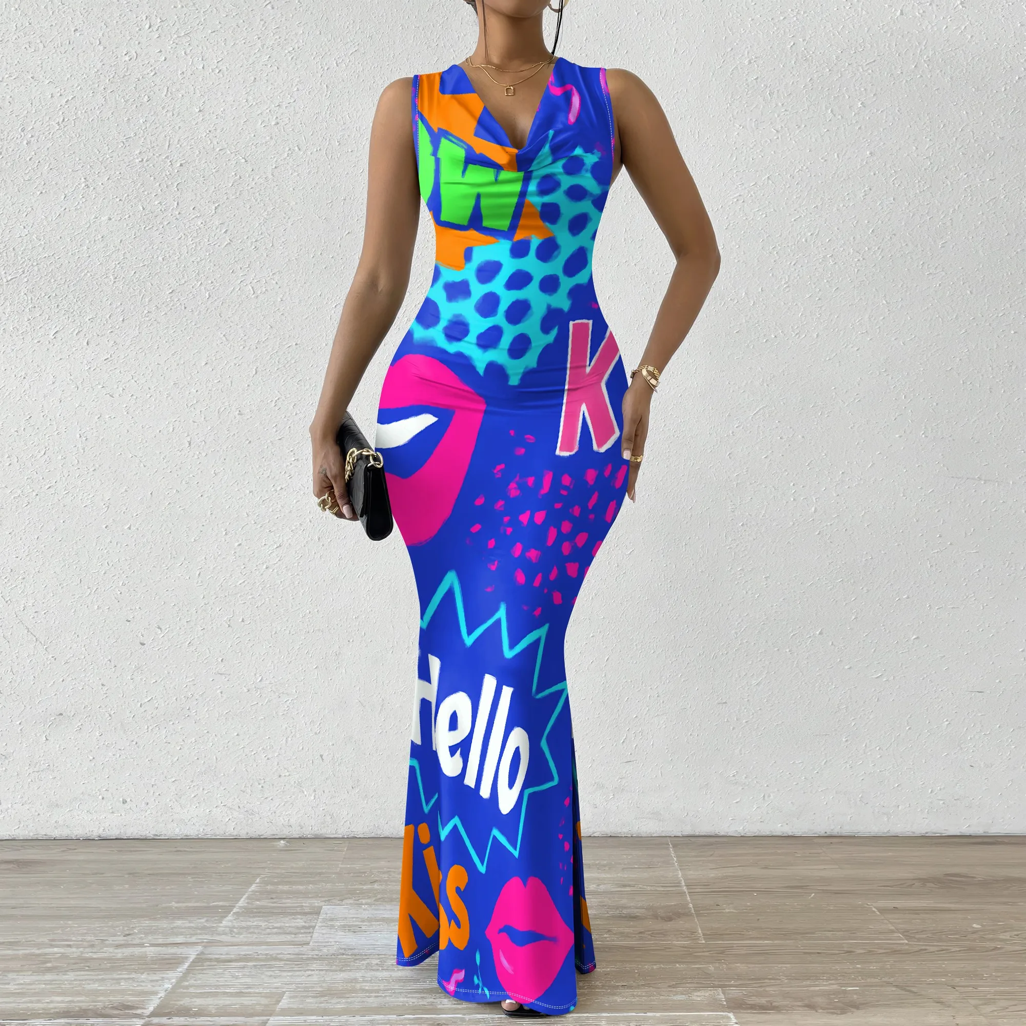 

Pop Art Bodycon Mermaid Dress XS-2XL – Sleeveless Comic Print Maxi Gown for Women Valentine's Day or Streetwear Party Look