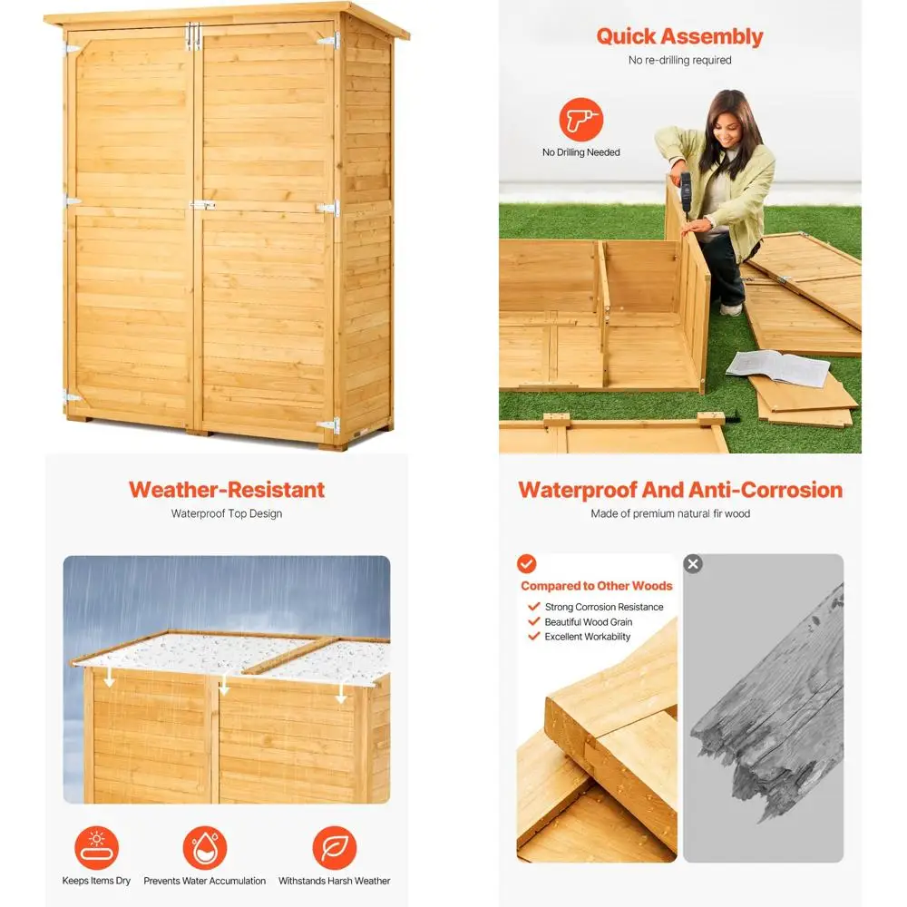 

Большой деревянный навес для хранения на открытом воздухе с водонепроницаемой крышей, металлическим каркасом и двойными запираемыми дверями.