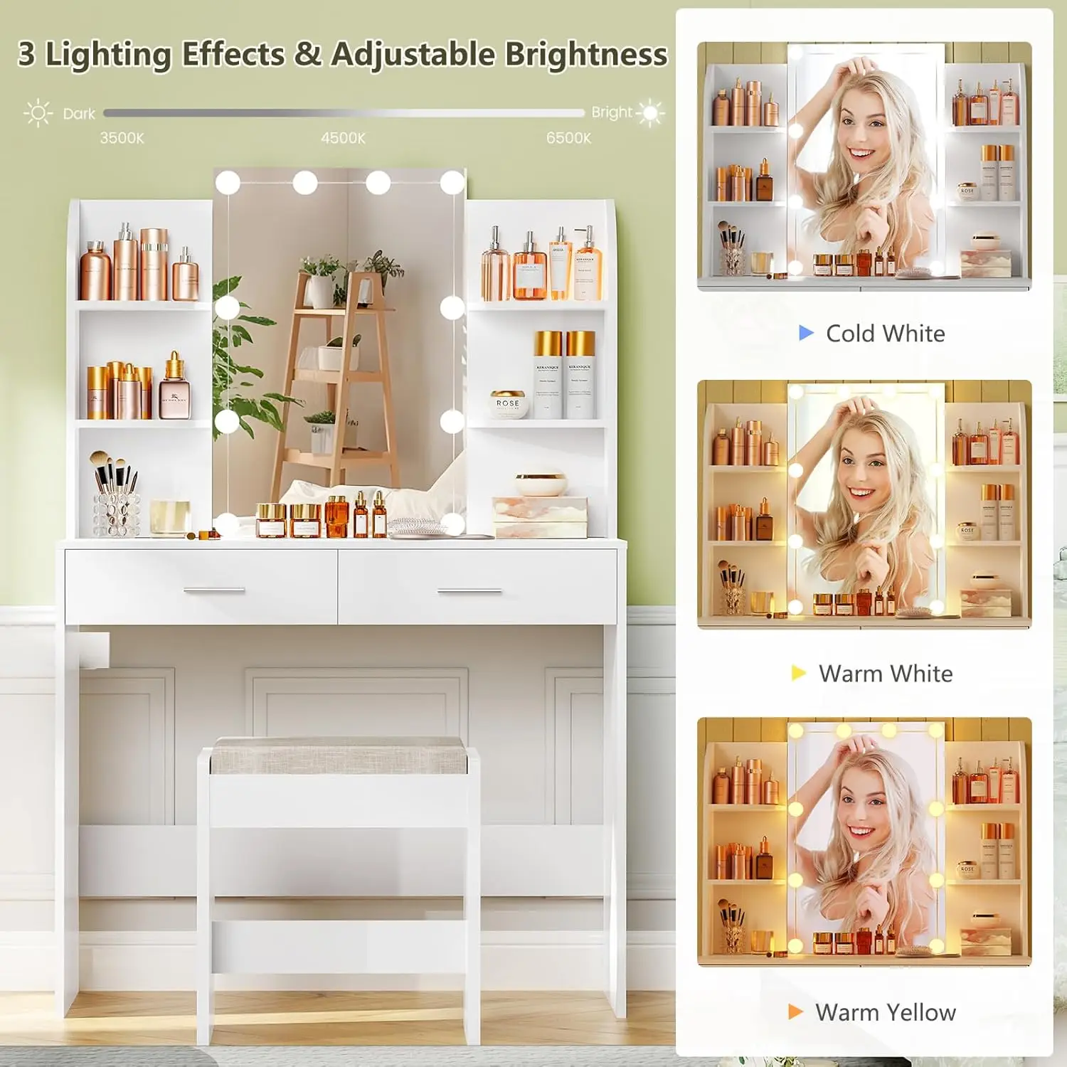 Vanity Desk with Mirror & Lights,2 Large Drawers, 6 Storage Shelves & Stool, 3 Color Light Adjustable