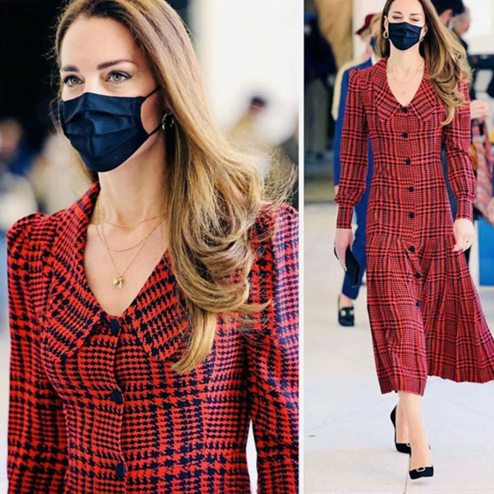 Princess Kate Middleton Red Dresses Female Vintage Plaid Print Long Sleeve Korean Checkered Shirt Dress Ladies Casual Clothes