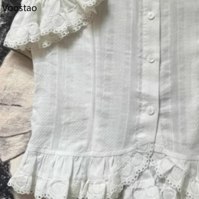 Japanese Sweet Lolita Shirts Women Vintage Cute Lace Ruffles Bow Short Sleeves Blouses Girls Kawaii Peter Pan Collar White Tops