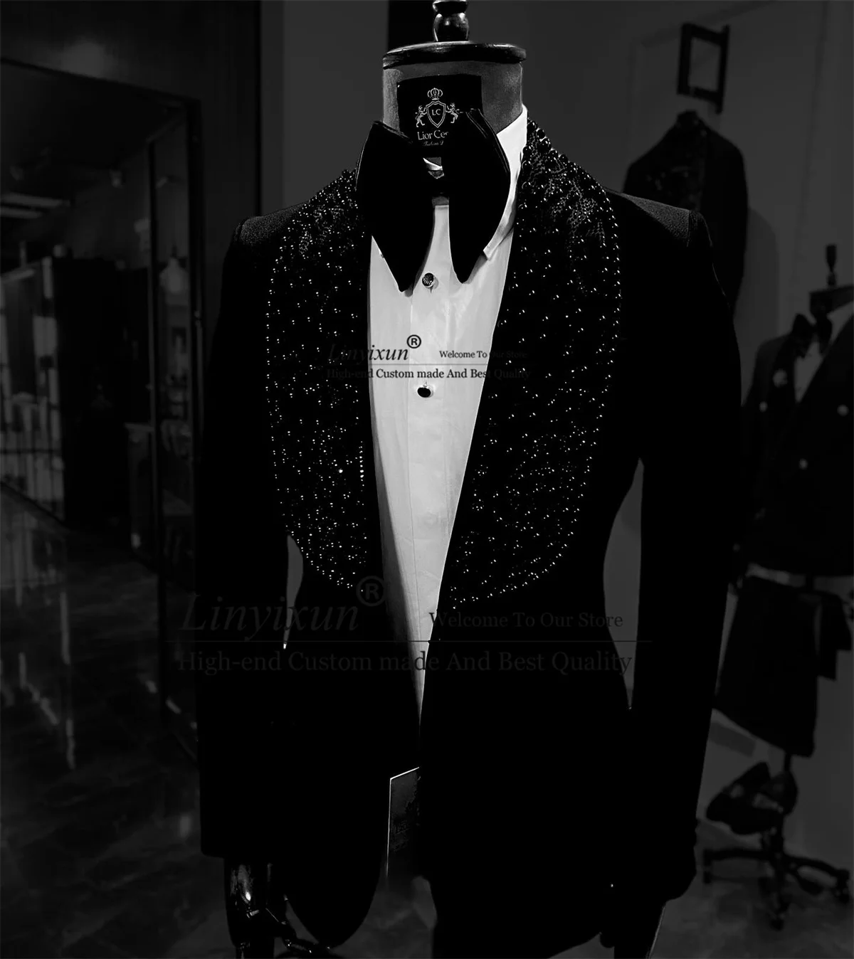 Formal Black Men Suits For Wedding Luxury Beaded Crystals Lapel Groom Tuxedos 2 Pieces Sets Male Prom Blazers Slim Costume Homme