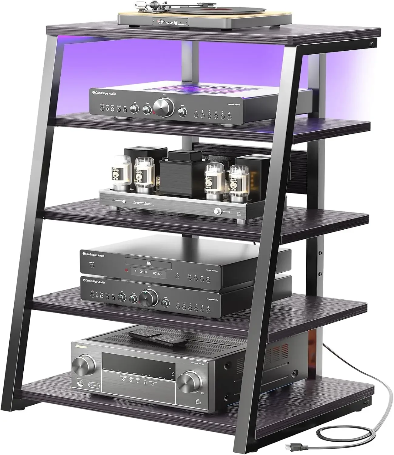 5-Tier AV Media Stand with Power Strips, Media Console with LED Lights, Audio Tower Rack with Adjustable Shelves, Stere