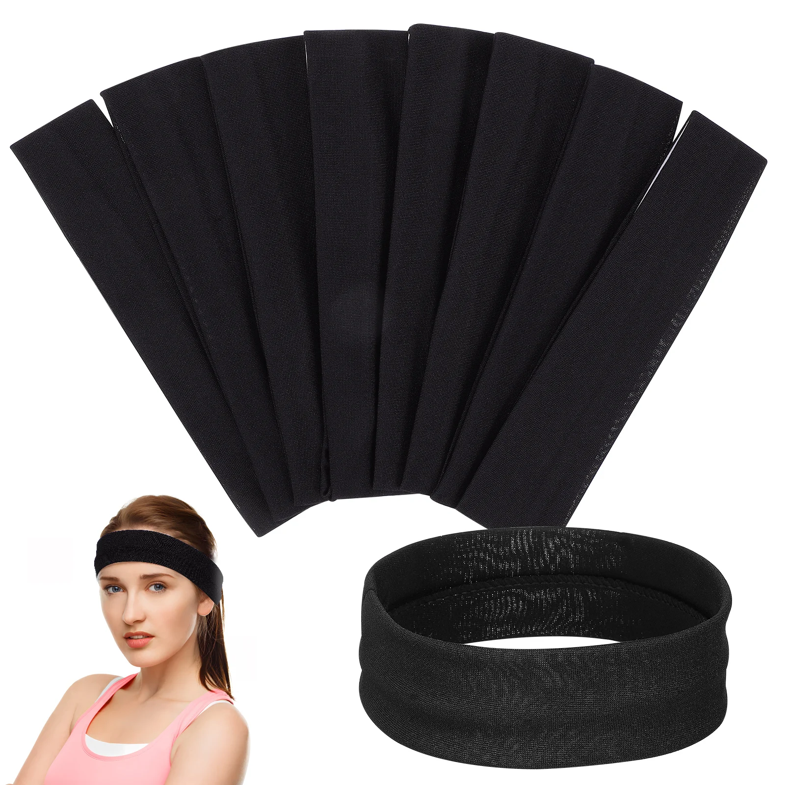 

8pcs Black Running Sweat-absorbent Headbands Fitness Elastic Sports Headgear Unisex Yoga Sweatbands Stretchy Gym Headband