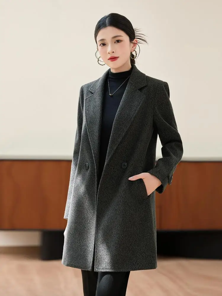 

Korean Vintage Autumn White Grey Double Breasted Long Sleeved Woolen Coat Women Brown Elegant Holiday Overcoat Simplicity Casual
