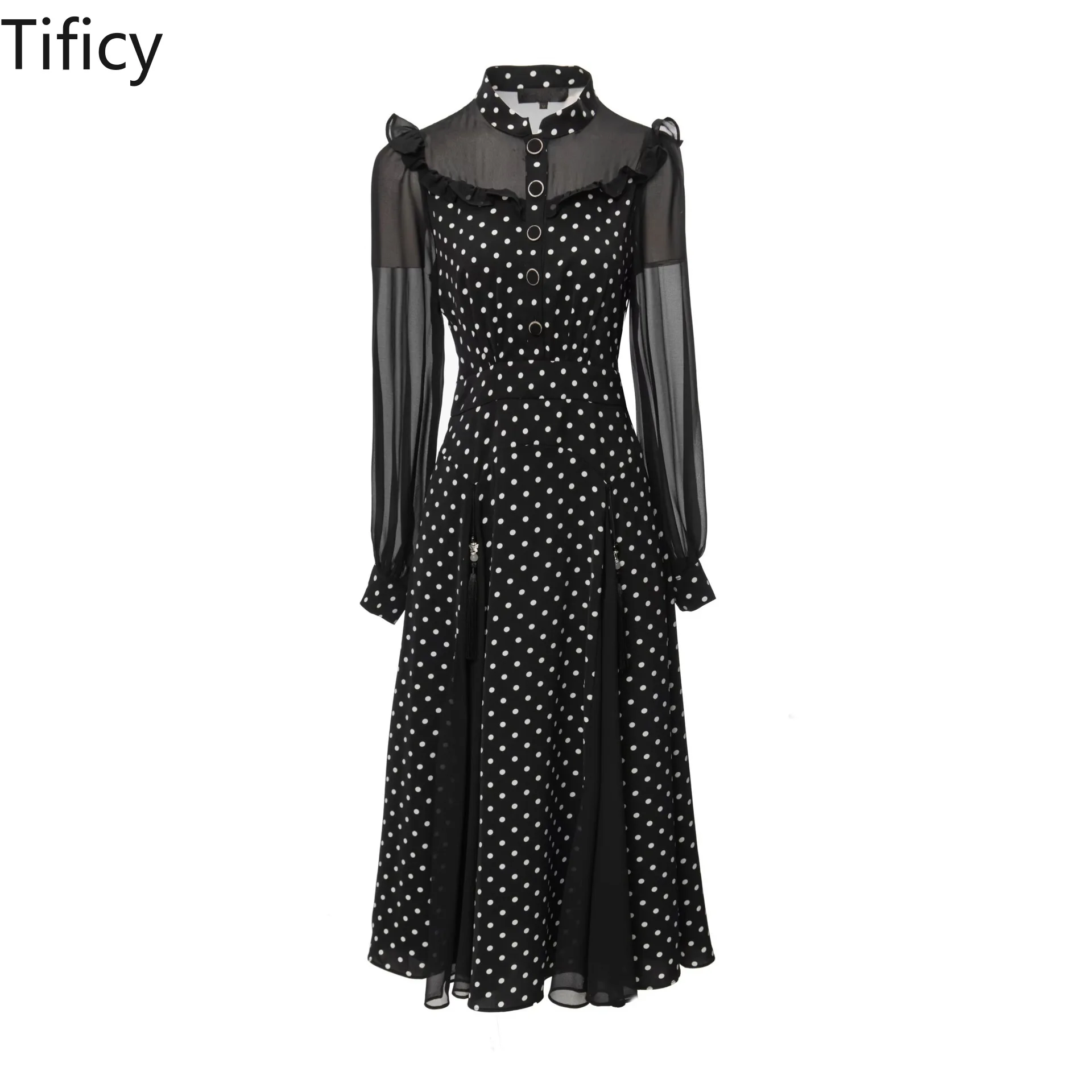 

High Quality 2024 Spring Summer New Women's Stand-Up Collar Long Sleeve Fashion Polka Dot Black Temperament Midi Dress