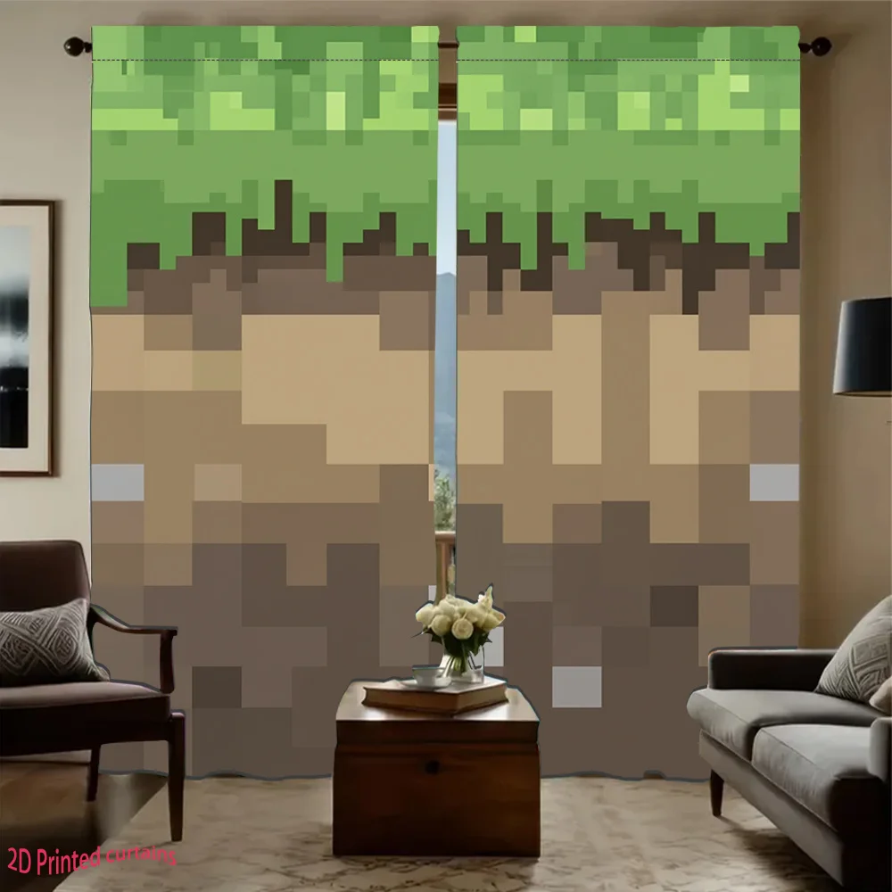 Cortina Opaca con Bolsillos para Varillas, Diseño de Bloques de Píxeles de Juego y Capa de Tierra y Hierba, Estampado de Juego de Píxeles, Decoración de Ventana para Dormitorio Juvenil Moderno