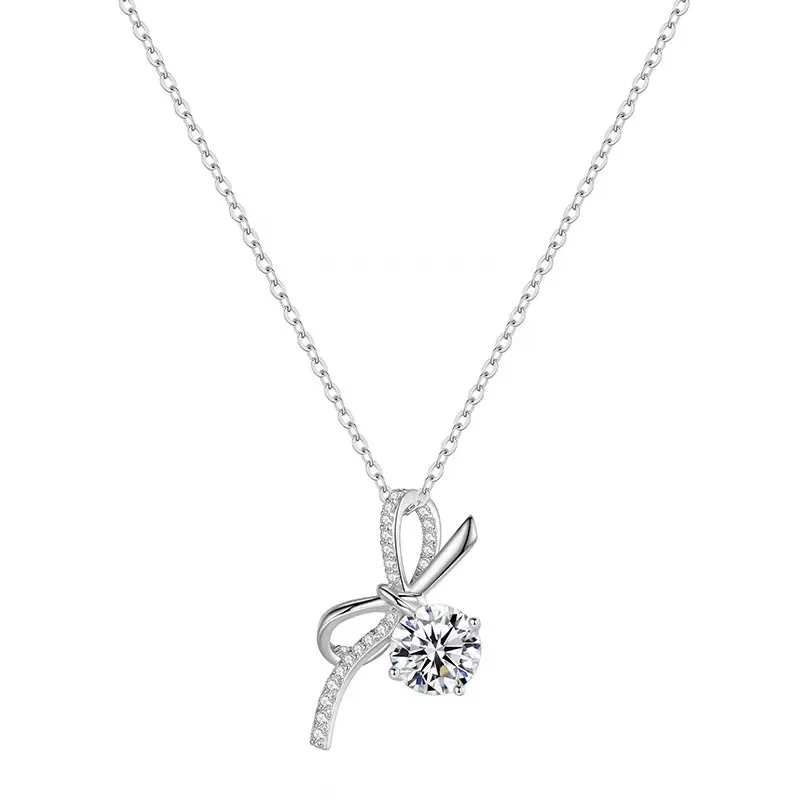 Platinum PT950 starlight micro-set bow necklace women light luxury high sense 1 carat moissanite pendant