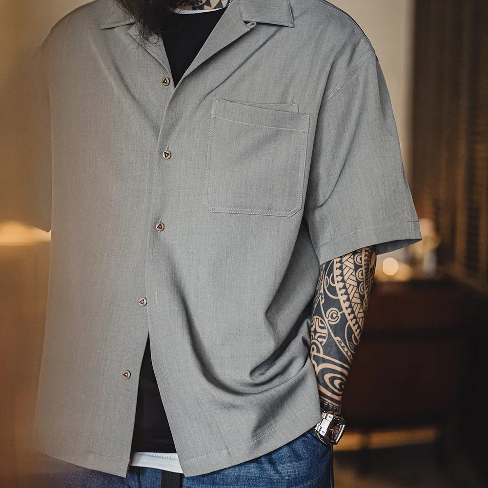 

Maden Men's Vintage Cuban Collar Short Sleeve Shirt Summer Loose Single-breasted Blouse Chest Pocket Solid Color Casual Tops