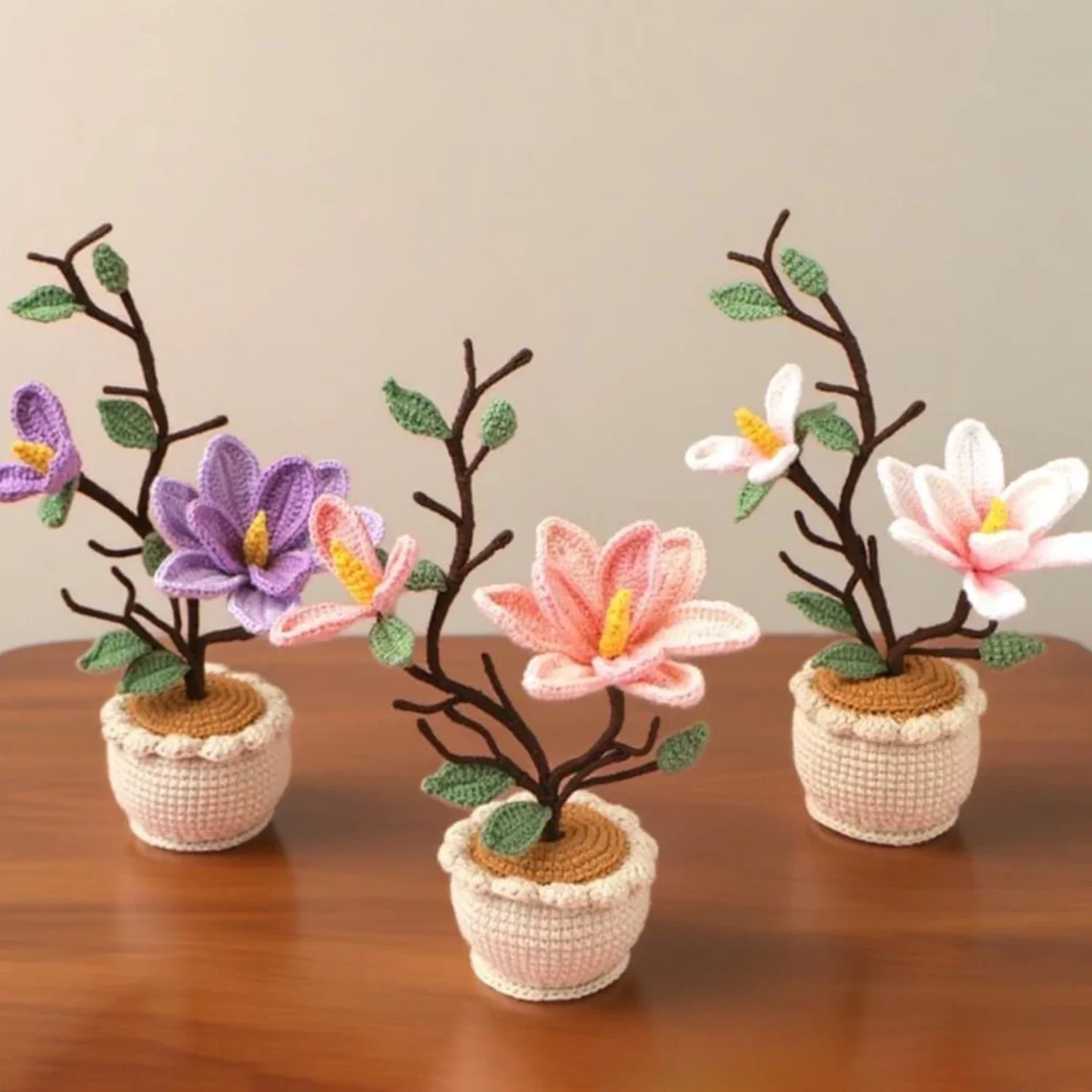 

Crochet Flowers Pot with Magnolia Flower Gift for Mom Wife Friend Home Decor for Desk Car Mother's Day Valentines Birthday