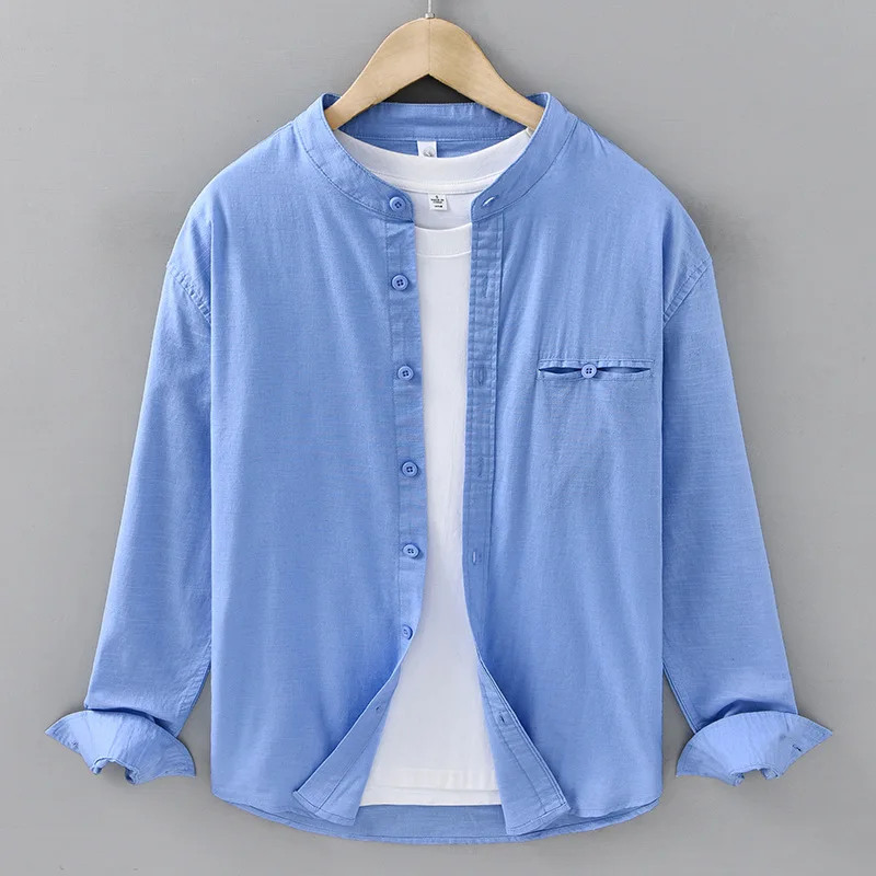 Lente en zomer casual, veelzijdig overhemd met opstaande kraag voor heren, artistieke herenkleding, top in Chinese stijl, overhemd met lange mouwen