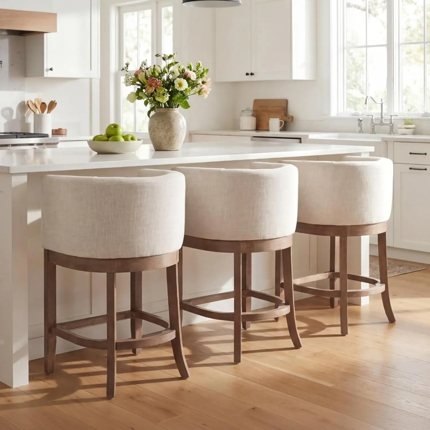 Modern Counter Height Bar Stool, Farmhouse Barrel Back Arms, Natural Wood Frame, Linen Kitchen Island Counter, Customized