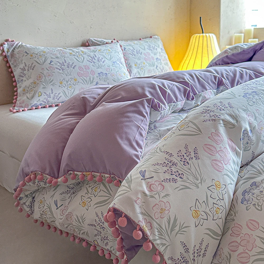 Duvet Cover Bedding Set Twin Full Queen King Size 135x200 Quilt Cover 240x220 Double Single Floral Ball Tassel Bed Linen 200x200