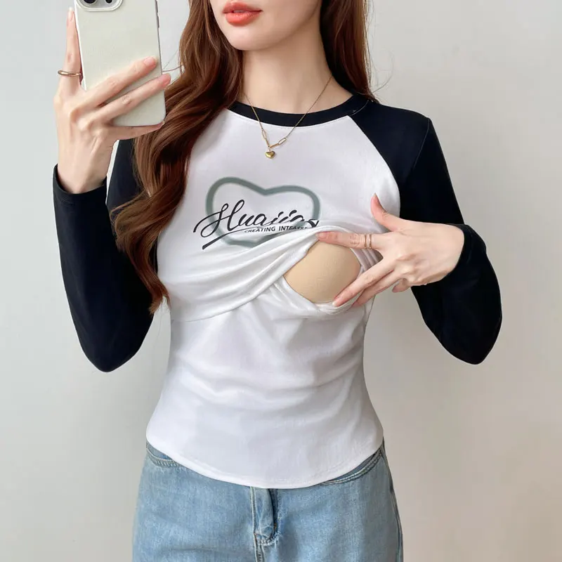 

Long-Sleeve Cotton Maternity Nursing Tee for Autumn & Winter - Flattering and Soft Pregnancy Base Layer Breastfeeding Postpartum