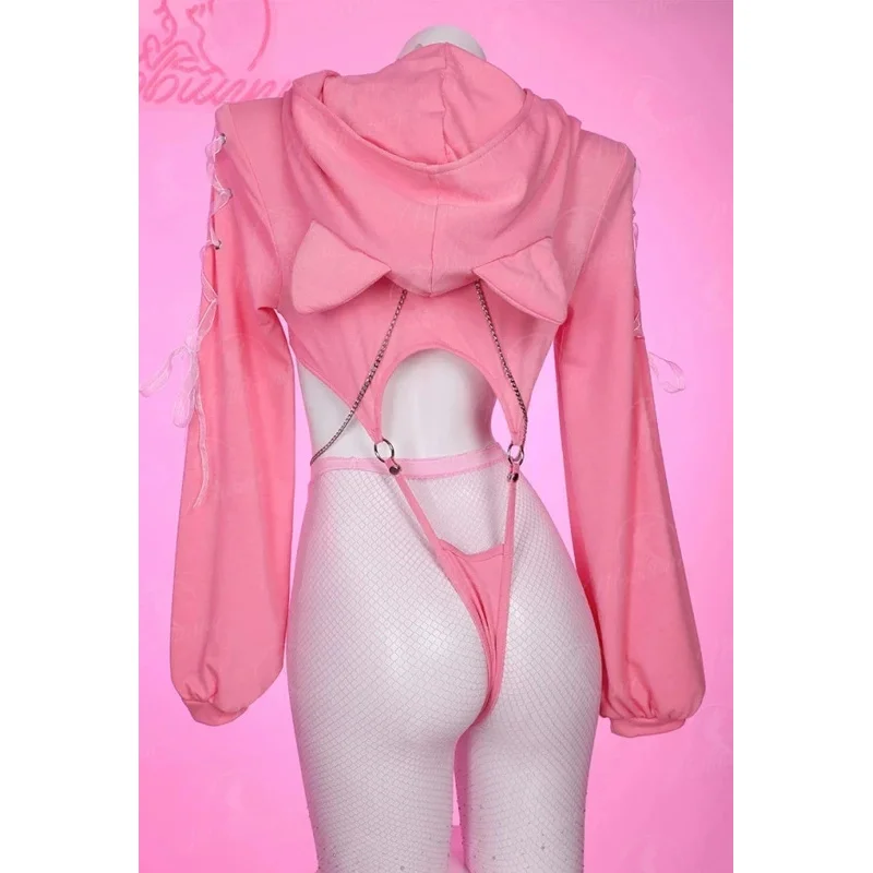 أنيمي Kawaii آذان القط تأثيري حلي المرأة مثير الجوف القلب هوديي ارتداءها مثير مجموعة البكيني فتاة الأرنب لطيف الملابس الداخلية هالوين