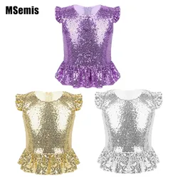 Kids Girls Shiny Sequins Mermaid Crop Top Short Flutter Sleeve Peplum Top Ruffle Hem Sparkly Tank Summer Vest for Carnival Party