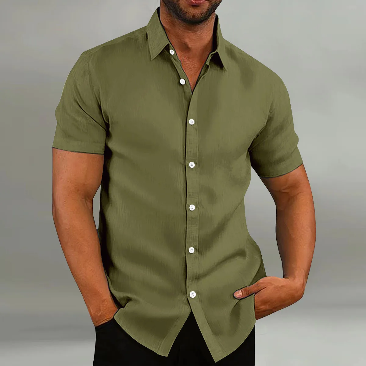 2024 Men's Summer Casual Loose Short Sleeve Cotton Lapel Solid Color Comfortable Cardigan High Quality Shirt Tops