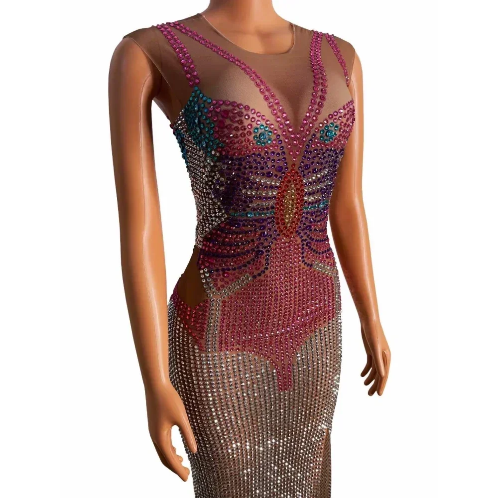 

Vegas Special Newyear Show Women Sleeveless Shining Butterfly Rhinestones Sexy Long Split Evening Party Dress Stage Costumes