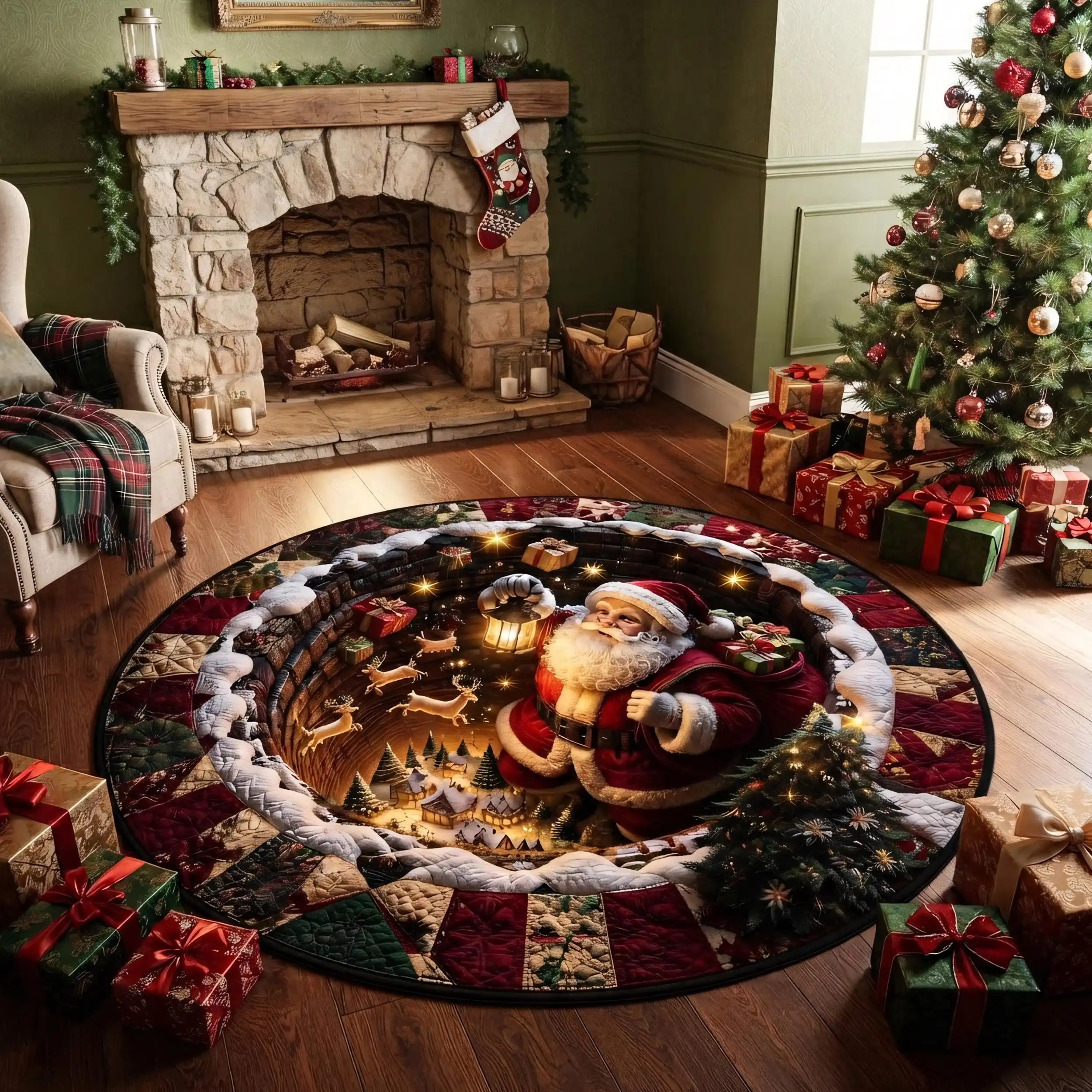 Optical Illusion 3D Christmas Hole Carpet Santa Lifting Lantern Gift Pattern Large Round Rug Non Slip Parlor 2d flat floor mat