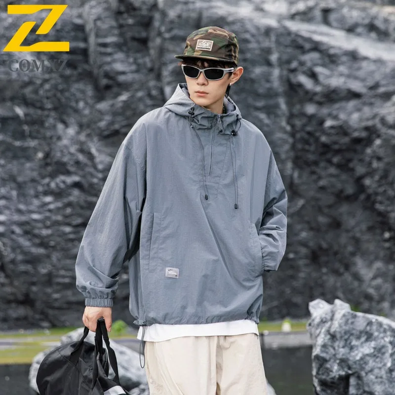COMXZ 2025 Mens Jacket New Classics Outdoor Streetwear 3-in-1 Hooded Jacket Unisex Half-Zip Loose Autumn Pullover Windbreaker