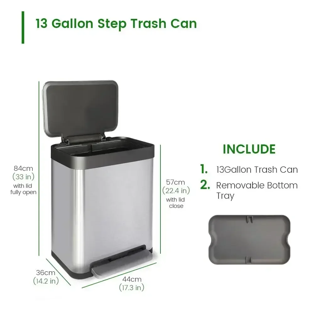 Large 50L Stainless Steel Kitchen Trash Can with Step-On Lid and Stay-Open Feature