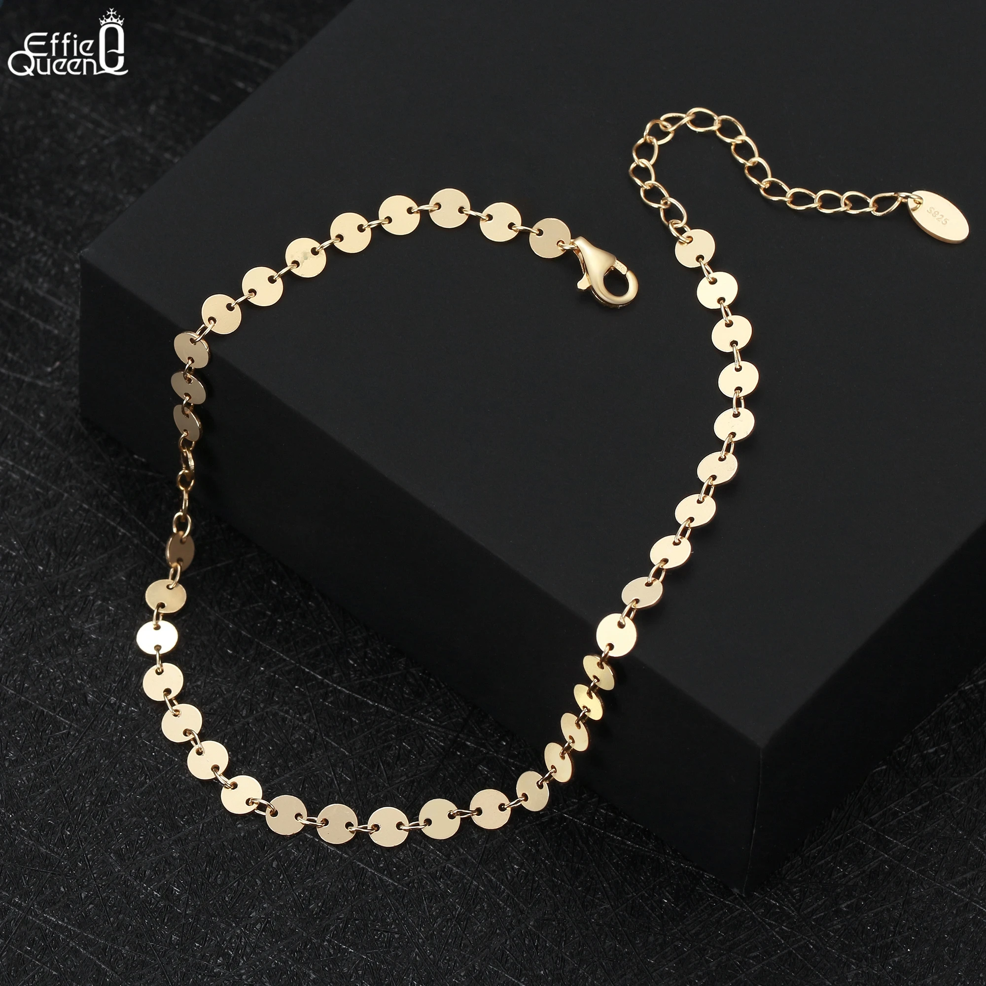 Effie Queen 100% 925 Sterling Silver 14k Gold Round Piece Chain Anklet Simple Jewelry for Women Summer Beach Birthdays Gift SA25