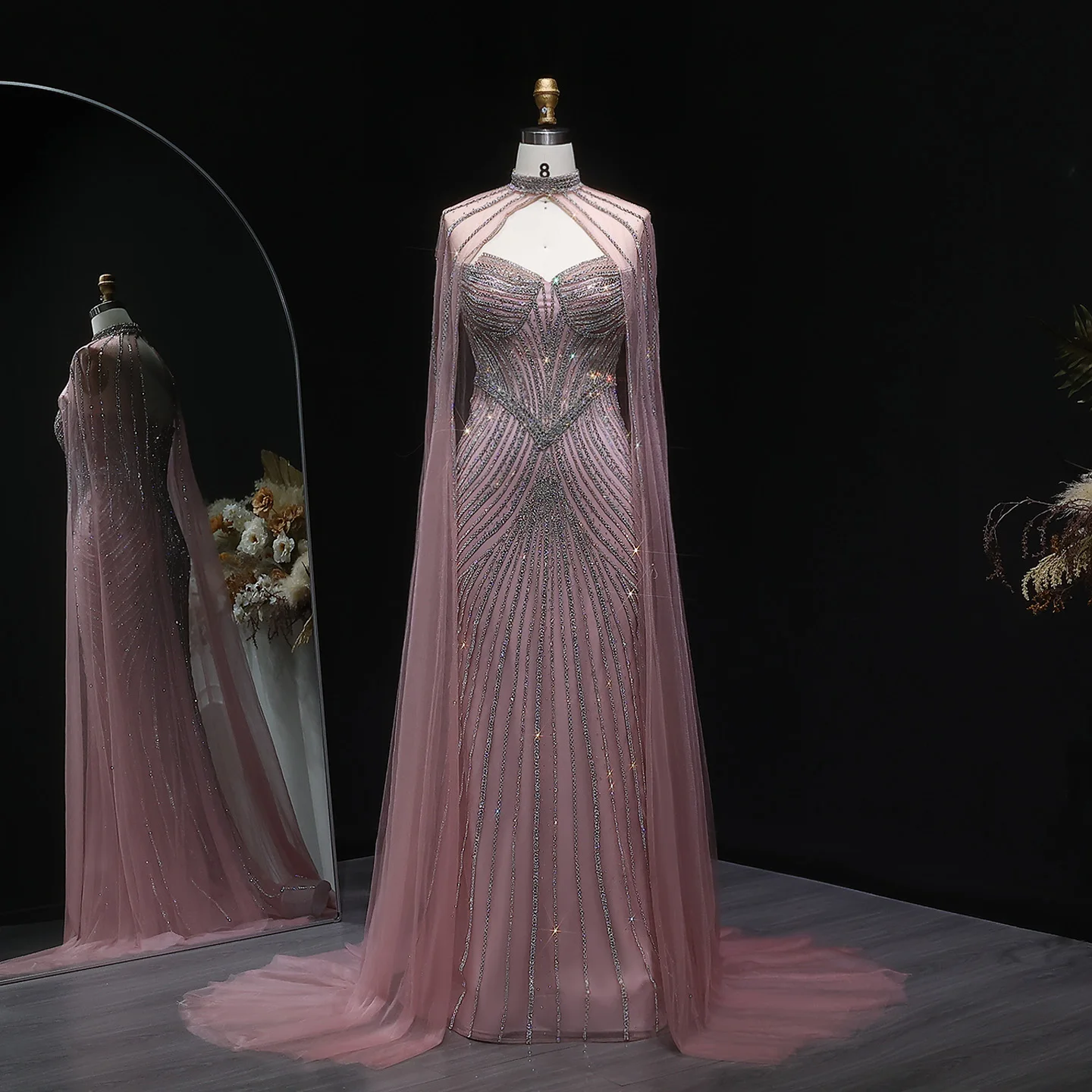 

Sharon Said Sparkly Crystal Pink Mermaid Evening Dress with Cape Sleeves Blue Elegant Women Wedding Party Gowns SS017 Customized