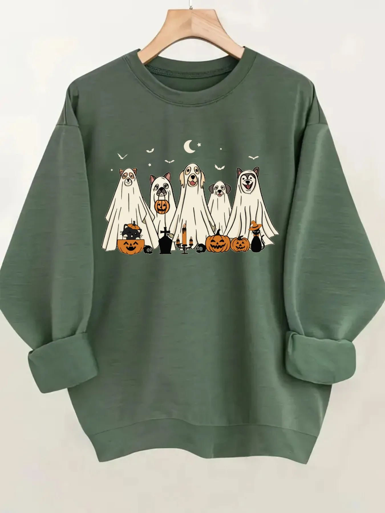 Women's Crewneck Pullover Sweatshirt Halloween Ghost Dogs Design, Soft Casual Long Sleeve, Daily Casual Top Outfit, Winter Women's Clothing, Halloween Costume Outfit