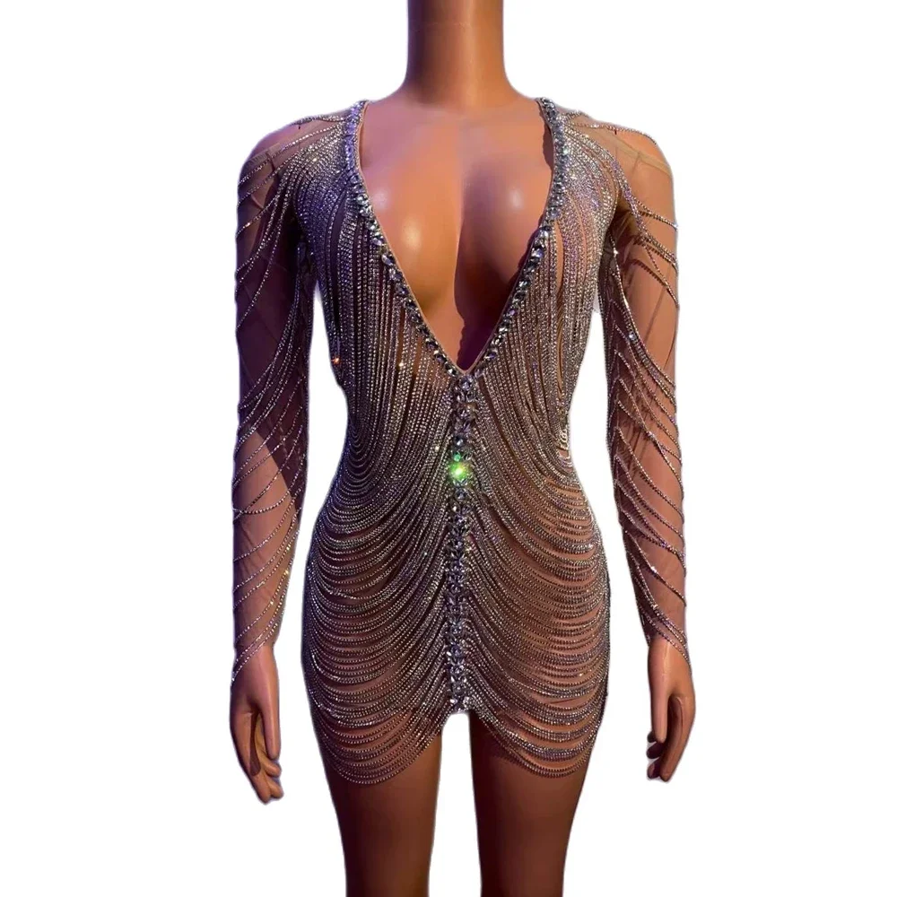 

Deep V-Neck Shining Rhinestones Chain Backless Sexy Dress For Women Nightclub DJ Stage Singer Perform Drag Queen Outfits