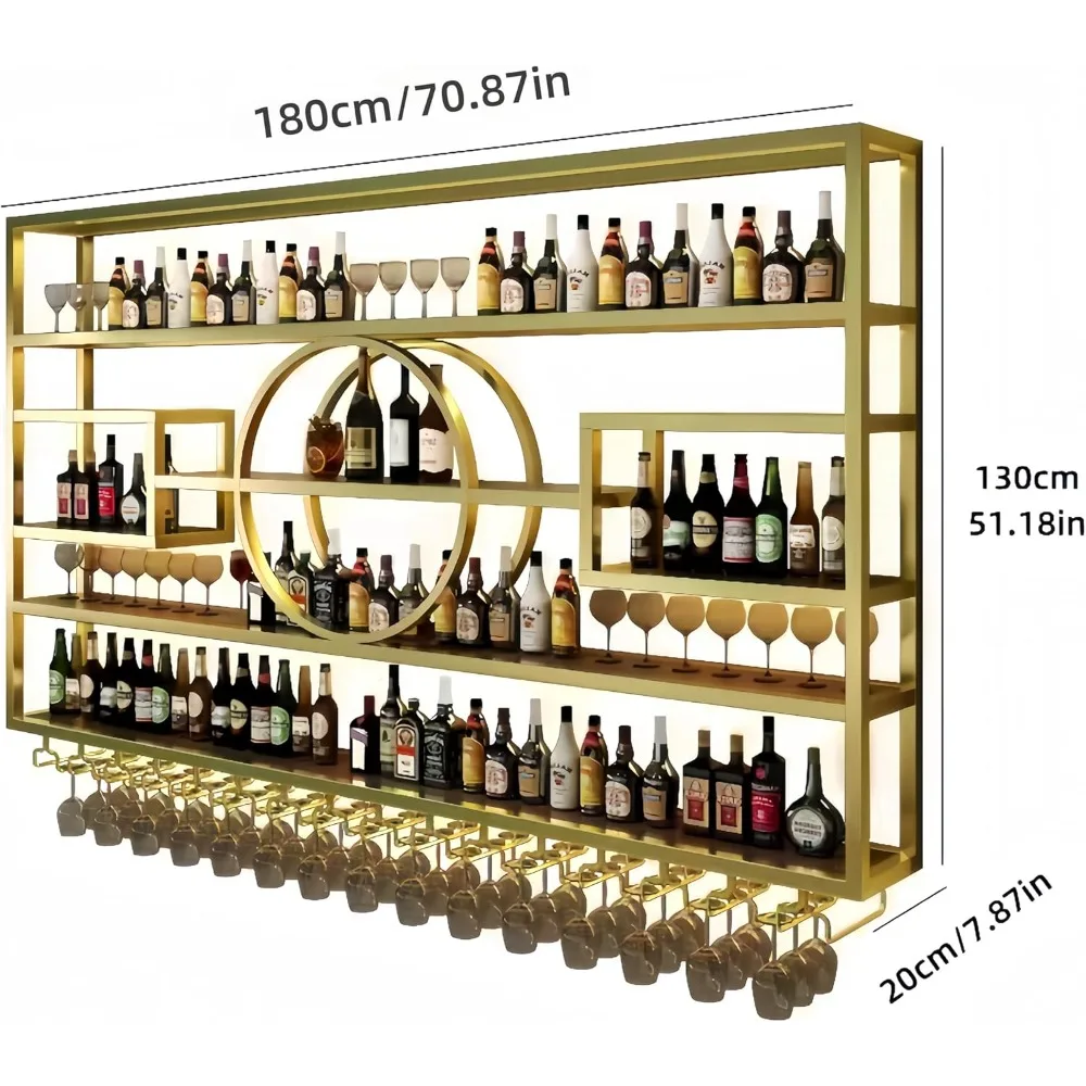 Modern Wine Rack Wall Mounted, Metal Wall Bar Shelves for Liquor Bottles with Glass Holder, Multifunctional Wood Bar Shelves