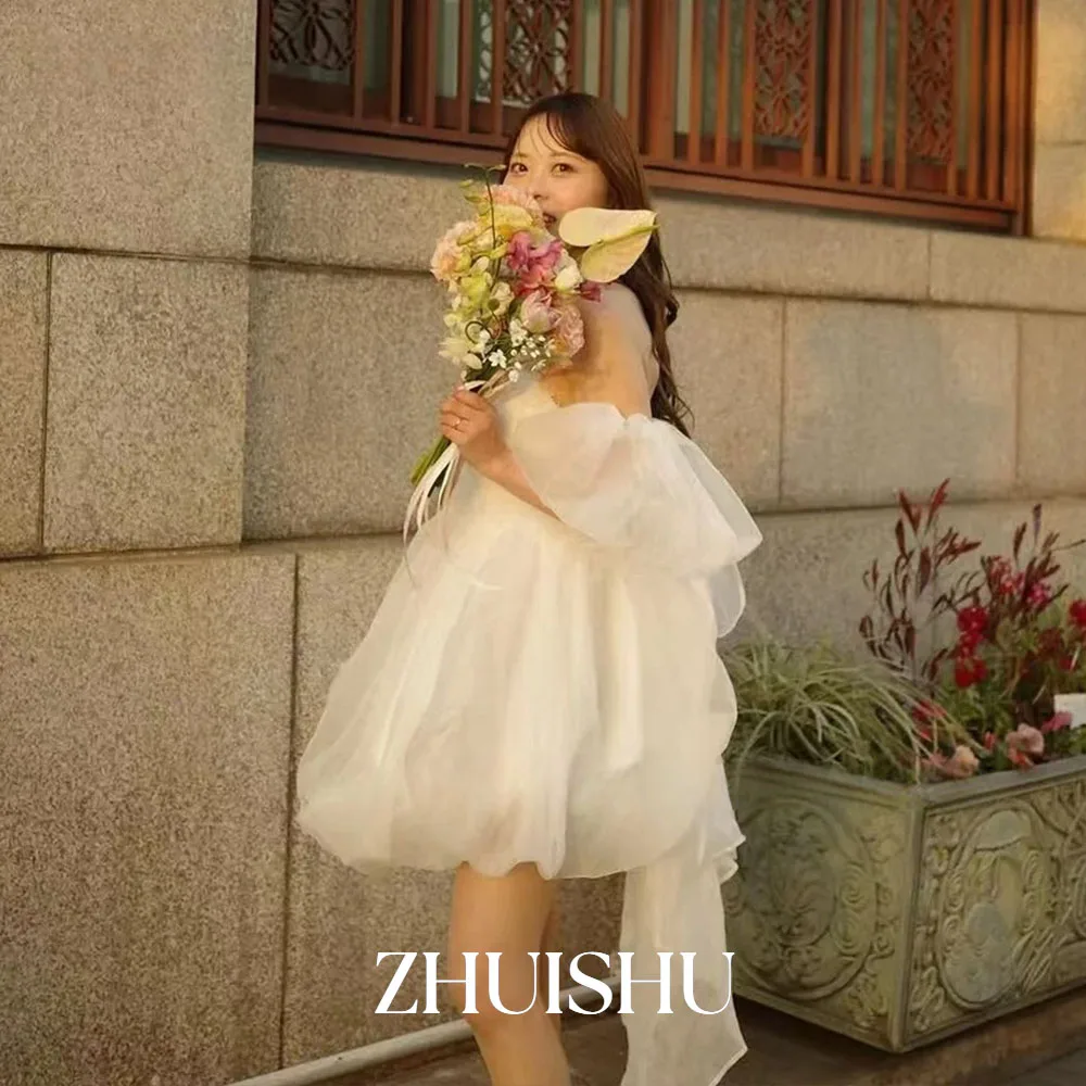 ZHUISHU Bow Wedding Dresses Korea Photo shoot Off Shoulder Short Princess Bridal Gowns Customized 웨딩드레스