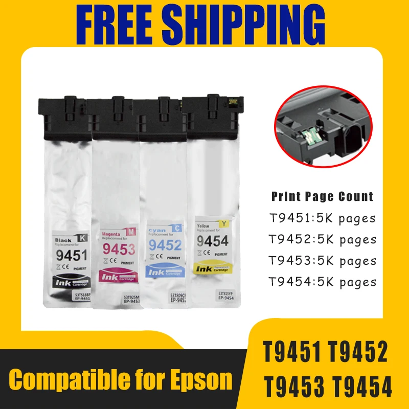 

Чернильный картридж T9451, T9452, T9453, T9454 для принтера Epson main Pro WF-C5290 C5790 C5210, C5710 с чипом и пигментными чернилами