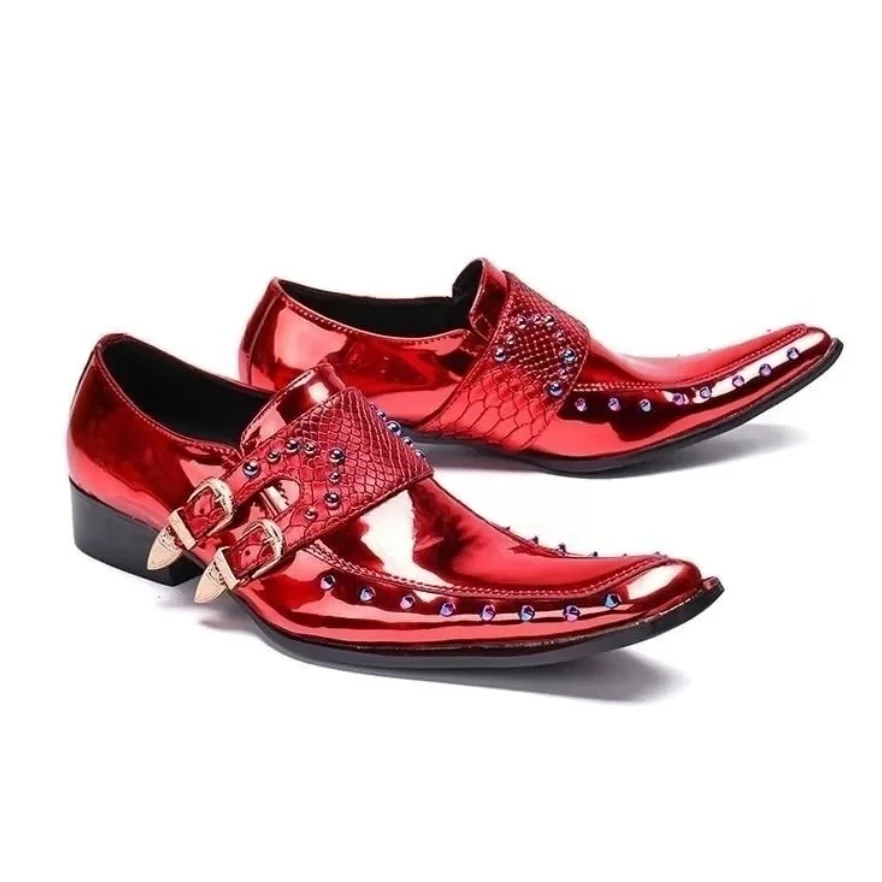 

Red Rivet Buckle Patent Leather Men Shoes Men's Dress Shoes Shallow Pumps High Quality Shoes Fashion Big Size Zapatillas Mujer