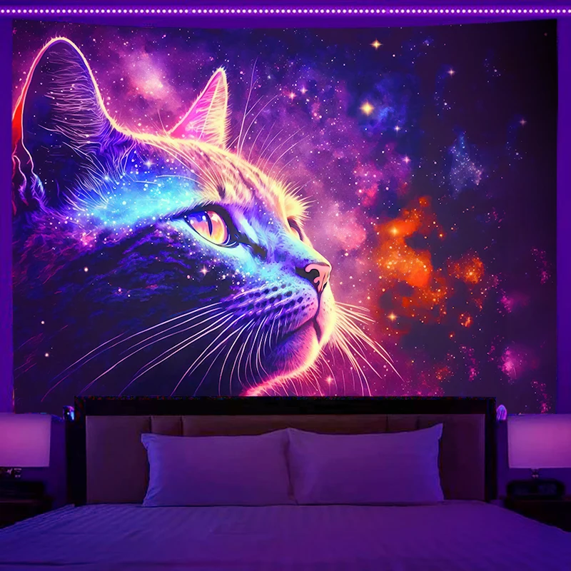 VIKAMA Cosmic Starry Sky Cat Tapisserie Sternenlicht Wandbild Schlafzimmer Hintergrund Wanddekoration Verträumte Neon Cyberpunk Kunst Wandbehang